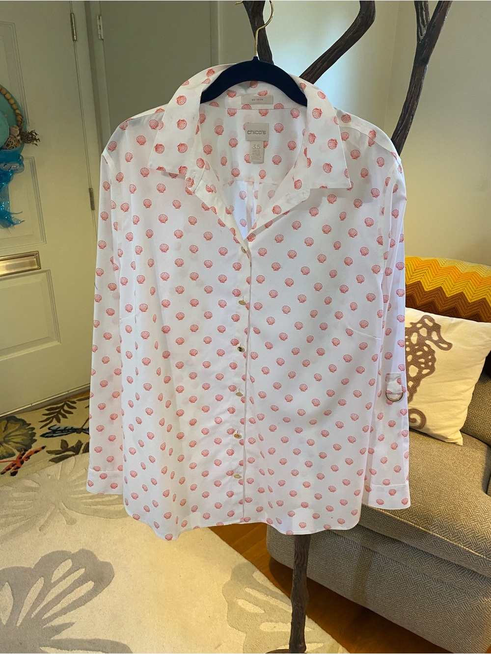 Chicos White cotton Gold Buttons-Up Shirt with Pink Coral Seashell Print